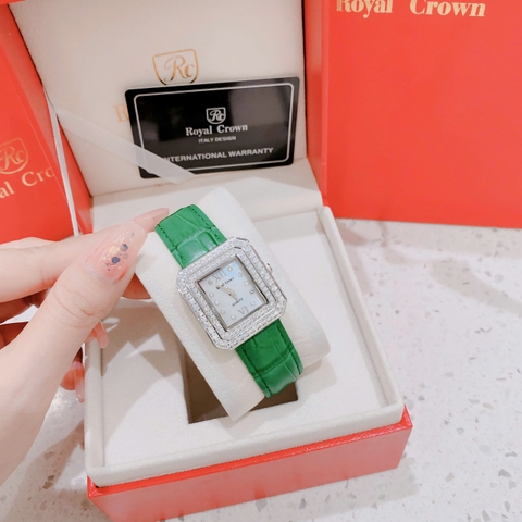 Royal Crown Mặt Vuông |Nữ Giới |Đính Đá |Dây Da Xanh Lá |Máy Pin (Quartz) |Size 34mm