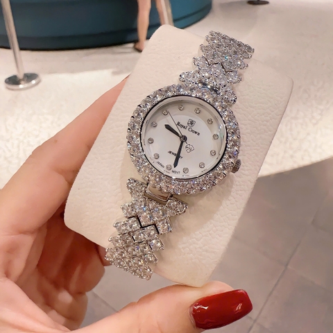 Royal Crown Trắng Silver |Nữ Giới |Mặt Tròn |Dây Kim Loại Đính Đá |Máy Pin (Quartz) |Size 32mm