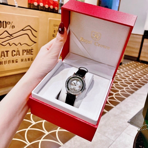 Royal Crown Viền Đá Chạy |Nữ Giới |Silver |Dây Da Đen |Máy Pin (Quartz) |Size 35mm