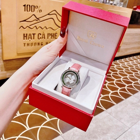 Royal Crown Viền Đá Chạy |Nữ Giới |Silver |Dây Da Hồng |Máy Pin (Quartz) |Size 35mm