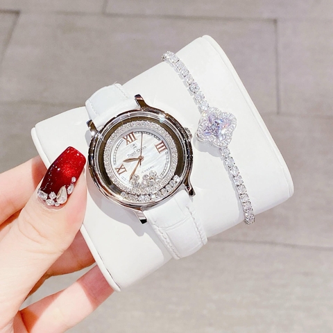 Royal Crown Viền Đá Chạy |Nữ Giới |Silver |Dây Da Trắng |Máy Pin (Quartz) |Size 35mm