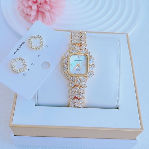 Royal Crown Xà Cừ |Nữ Giới |Mặt Vuông |Dây Kim Loại Đính Đá Vàng Gold |Máy Pin (Quartz) |Size 28mm