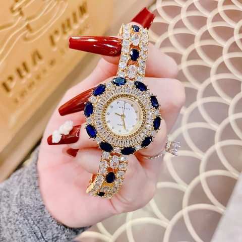 Versace Bông Hoa Tuyết |Nữ Giới |Đính Đá Xanh Dương |Lắc Tay Vàng Gold |Máy Pin (Quartz) |Size 36mm
