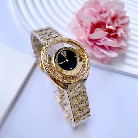 Versace Destiny Spirit |Nữ Giới |Mặt Đen |Đính Đá |Dây Kim Loại Vàng Gold |Máy Pin (Quartz) |Size 36mm