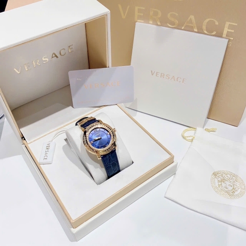 Versace DV-25 |Nữ Giới |Mặt Tròn |Đính Đá |Dây Da Xanh Dương |Máy Pin (Quartz) |Size 36mm