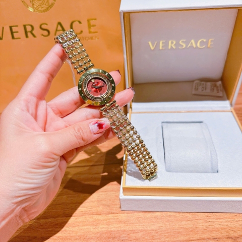 Versace Eon Mother Of Pearl |Nữ Giới |Mặt Đỏ |Dây Kim Loại Bi Vàng Gold |Máy Pin (Quartz) |Size 33mm