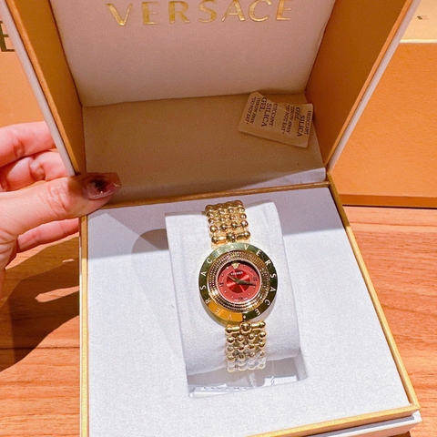 Versace Eon Mother Of Pearl |Nữ Giới |Mặt Đỏ |Dây Kim Loại Bi Vàng Gold |Máy Pin (Quartz) |Size 33mm