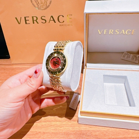 Versace Eon Mother Of Pearl |Nữ Giới |Mặt Đỏ |Dây Kim Loại Bi Vàng Gold |Máy Pin (Quartz) |Size 33mm