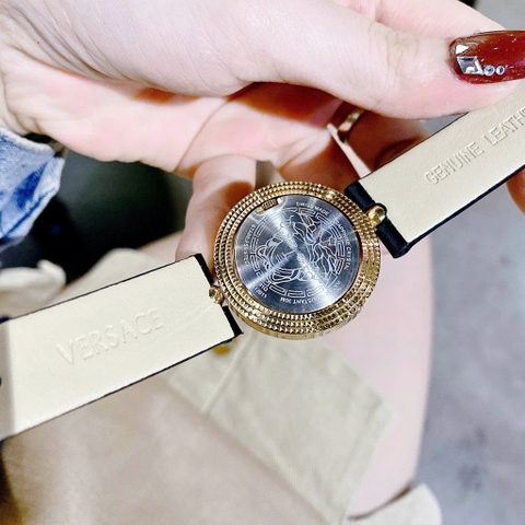 Versace Eon |Nữ Giới |Mặt Tròn Xoay |Vàng Gold |Dây Da Đen |Máy Pin (Quartz) |Size 33mm
