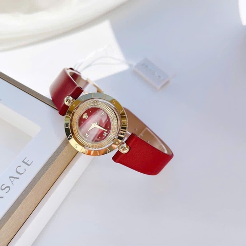 Versace Mặt Xoay 360 Độ |Nữ Giới |Vàng Gold |Dây Da Đỏ |Máy Pin (Quartz) |Size 33mm