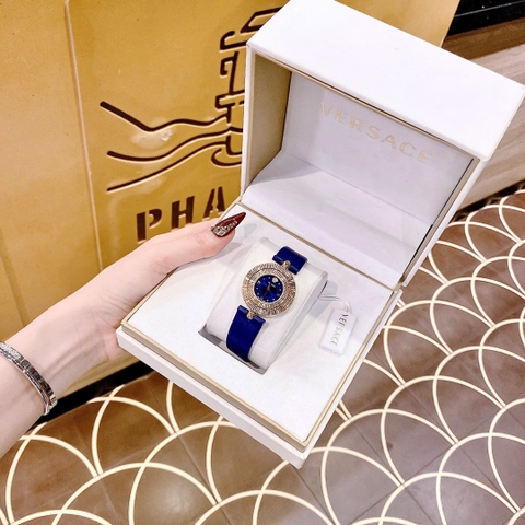 Versace Eon Mặt Xoay |Nữ Giới |Vàng Gold |Dây Da Xanh Dương |Máy Pin (Quartz) |Size 33mm