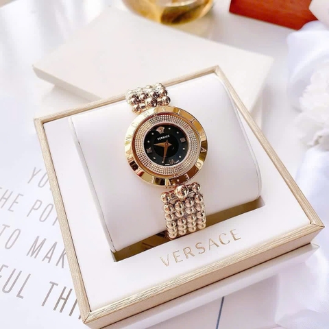 Versace Eon Pour Femmes |Nữ Giới |Mặt Đen |Dây Kim Loại Bi Vàng Gold |Máy Pin (Quartz) |Size 33mm