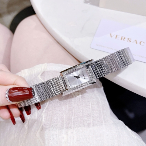 Versace Greca Icon |Nữ Giới |Mặt Chữ Nhật Trắng |Đính Đá |Dây Thép Lưới Silver |Máy Pin (Quartz) |Size 21x39mm