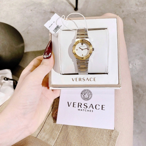 Versace Greca Logo Mini |Nữ Giới |Mặt Trắng |Dây Kim Loại Demi Vàng |Máy Pin (Quartz) |Size 27mm