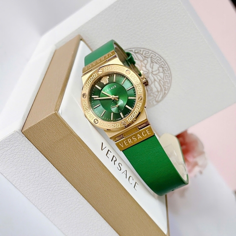 Versace Greca Logo |Nữ Giới |3 Kim |Vàng Gold |Dây Da Xanh Lá |Máy Pin (Quartz) |Size 38mm