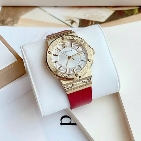 Versace Greca Logo |Nữ Giới |Mặt Trắng |Vàng Gold |Dây Da Đỏ |Máy Pin (Quartz) |Size 38mm