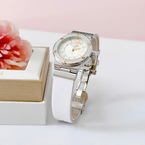 Versace Greca Logo |Nữ Giới |Mặt Tròn |Silver |Dây Da Trắng |Máy Pin (Quartz) |Size 38mm