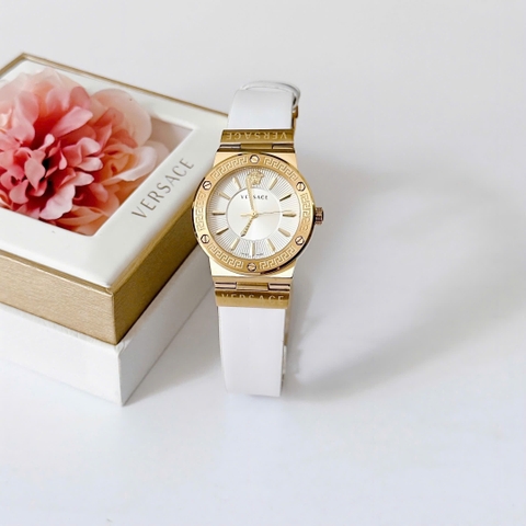 Versace Greca Logo |Nữ Giới |Mặt Tròn |Vàng Gold |Dây Da Trắng |Máy Pin (Quartz) |Size 38mm
