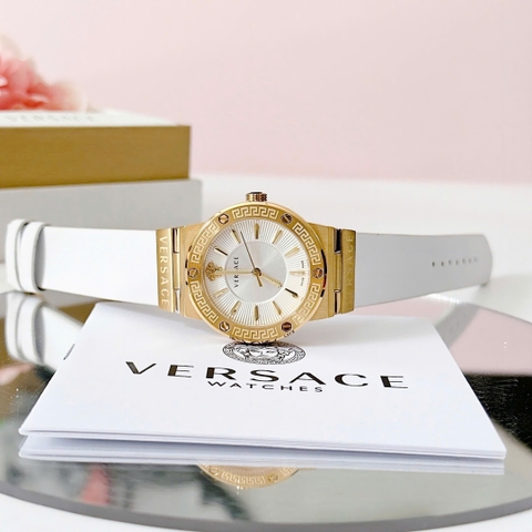 Versace Greca Logo |Nữ Giới |Mặt Tròn |Vàng Gold |Dây Da Trắng |Máy Pin (Quartz) |Size 38mm