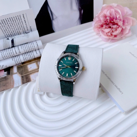 Versace Hellenyium |Nữ Giới |Silver |Dây Da Lộn Xanh Cổ Vịt |Máy Pin (Quartz) |Size 36mm