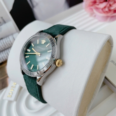 Versace Hellenyium |Nữ Giới |Silver |Dây Da Lộn Xanh Cổ Vịt |Máy Pin (Quartz) |Size 36mm