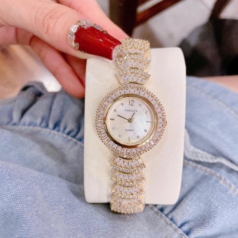 Versace Mặt Khảm Trai |Nữ Giới |Đính Pha Lê |Vòng Tay Vàng Gold |Máy Pin (Quartz) |Size 32mm