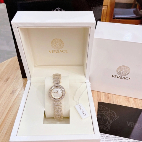 Versace Mặt Khảm Trai |Nữ Giới |Đính Pha Lê |Vòng Tay Vàng Gold |Máy Pin (Quartz) |Size 32mm