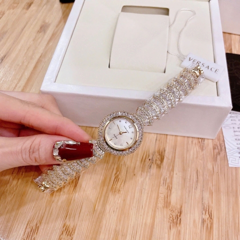Versace Mặt Khảm Trai |Nữ Giới |Đính Pha Lê |Vòng Tay Vàng Gold |Máy Pin (Quartz) |Size 32mm
