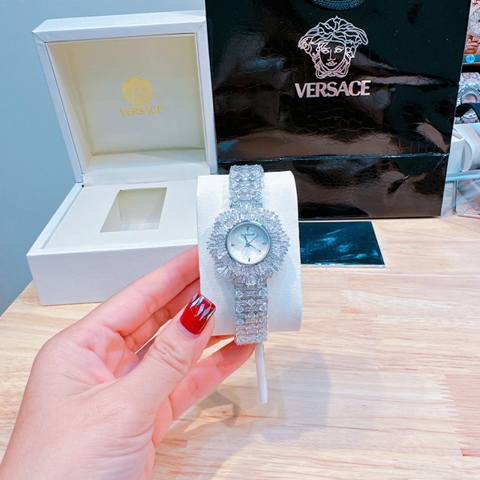 Versace Mặt Xà Cừ |Nữ Giới |Full Pha Lê |Dây Đính Đá Silver |Máy Pin (Quartz) |Size 32mm