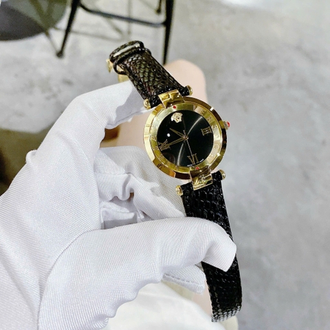 Versace Revive |Nữ Giới |Vàng Gold |Tráng Gương |Dây Da Đen |Máy Pin (Quartz) |Size 35mm