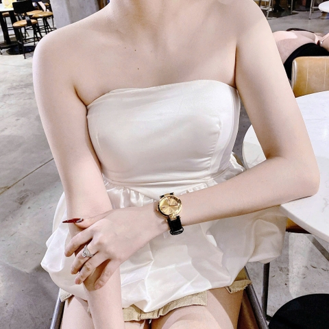 Versace Revive |Nữ Giới |Mặt Vàng |Tráng Gương |Dây Da Đen |Máy Pin (Quartz) |Size 35mm