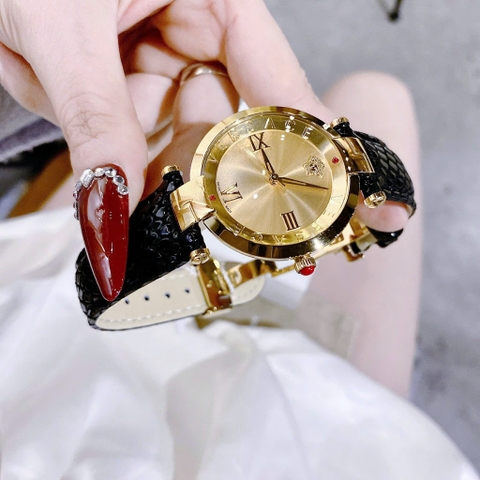 Versace Revive |Nữ Giới |Mặt Vàng |Tráng Gương |Dây Da Đen |Máy Pin (Quartz) |Size 35mm