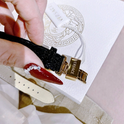 Versace Revive |Nữ Giới |Mặt Vàng |Tráng Gương |Dây Da Đen |Máy Pin (Quartz) |Size 35mm