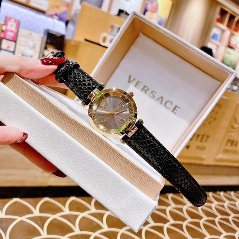 Versace Revive |Nữ Giới |Mặt Xám |Tráng Gương |Dây Da Đen |Máy Pin (Quartz) |Size 35mm