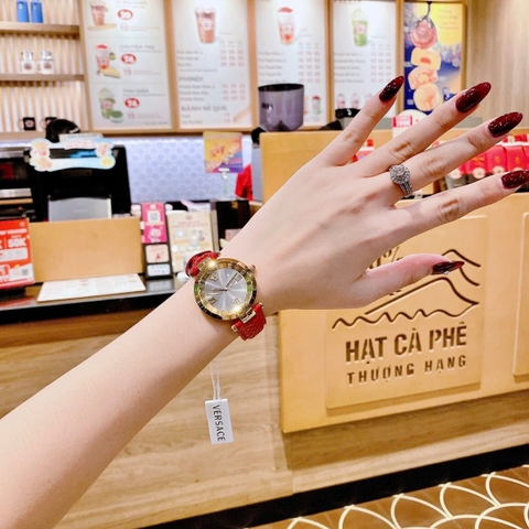 Versace Revive |Nữ Giới |Mặt Xám |Vàng Gold |Dây Da Đỏ |Máy Pin (Quartz) |Size 35mm