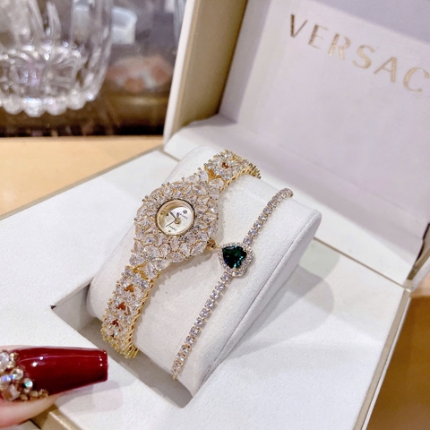 Versace Mặt Đính Pha Lê |Nữ Giới |Bông Hoa |Lắc Tay Vàng Gold |Máy Pin (Quartz) |Size 33mm