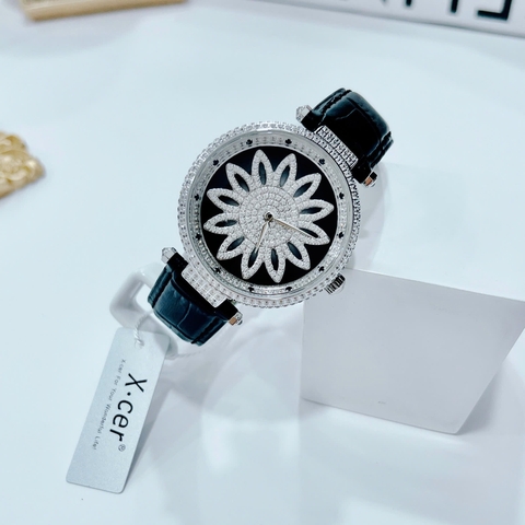 Xcer Bông Hoa Xoay |Nữ Giới |Đính Đá |Silver |Dây Da Màu Đen |Máy Pin (Quartz) |Size 39mm