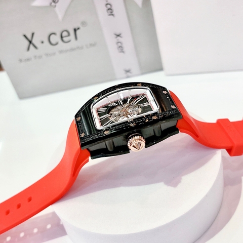 Xcer Đính Đá Đen |Nữ Giới |Mặt Oval |Lộ Máy |Dây Cao Su Đỏ |Máy Tự Động (Automatic) |Size 36mm