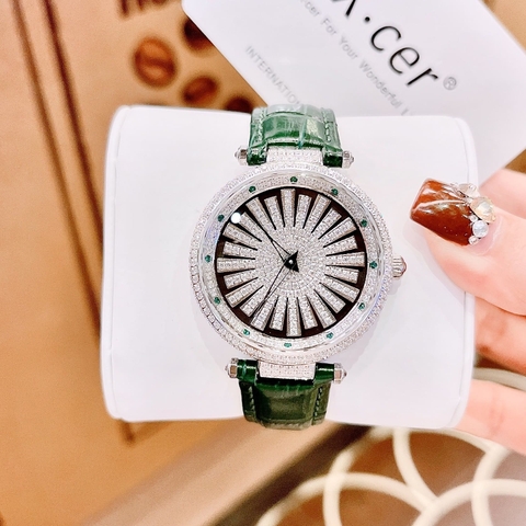 Xcer Đính Đá Xoay |Nữ Giới |Mặt Tròn |Silver |Dây Da Xanh Lá |Pin (Máy Quartz) |Size 35mm