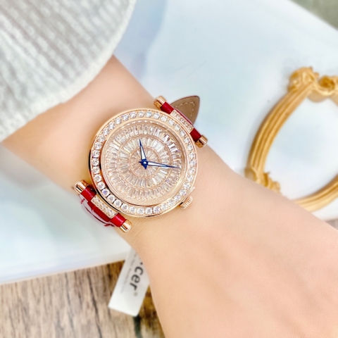 Xcer Full Đá Swarovski |Nữ Giới |Mặt Tròn |Rose Gold |Dây Da Đỏ |Pin (Máy Quartz) |Size 35mm