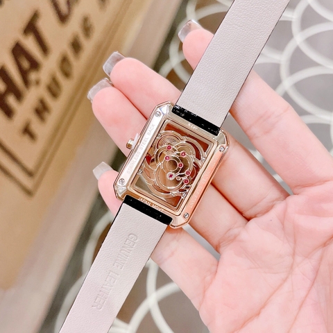 Xcer Mặt Chữ Nhật |Nữ Giới |Đính Đá Bông Hoa |Rose Gold |Dây Da Đen |Máy Pin (Quartz) |Size 32mm