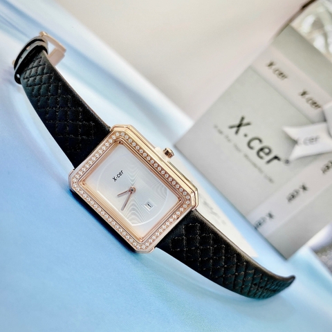 Xcer Mặt Chữ Nhật |Nữ Giới |Khảm Đá |Rose Gold |Dây Trám Đen |Máy Pin (Quartz) |Size 28mm