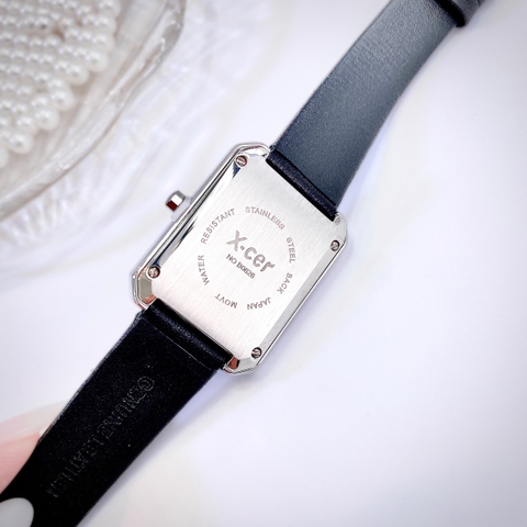Xcer Mặt Chữ Nhật Trắng |Nữ Giới |Khảm Đá |Silver |Dây Trám Đen |Máy Pin (Quartz) |Size 28mm