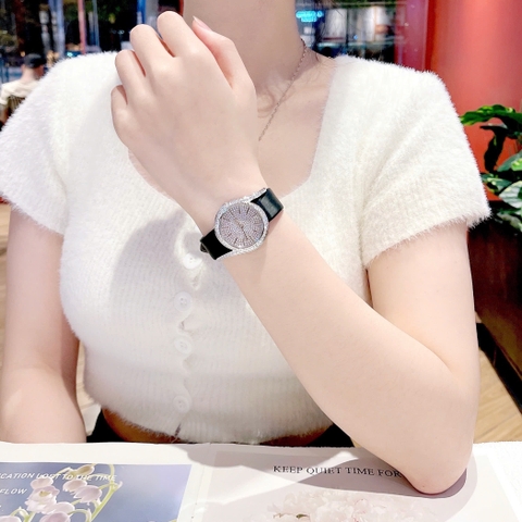 Xcer Mặt Chữ S |Nữ Giới |Full Đá |Silver |Dây Da Satin Đen |Máy Pin (Quartz) |Size 32mm