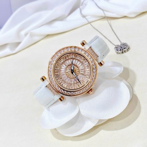 Xcer Mặt Full Đá |Nữ Giới |Rose Gold |Dây Da Màu Trắng |Pin (Máy Quartz) |Size 35mm