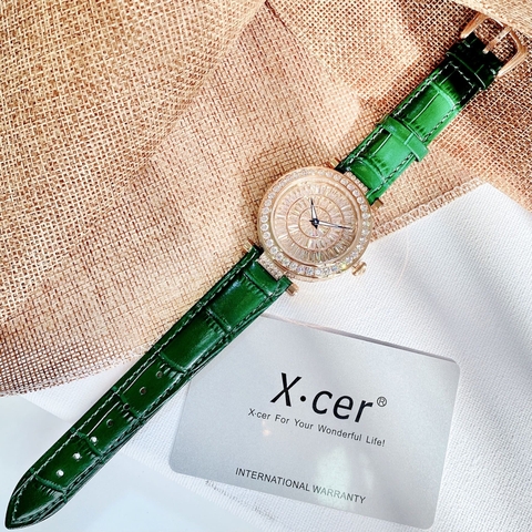 Xcer Mặt Full Pha lê |Nữ Giới |Rose Gold |Dây Da Xanh Lá |Pin (Máy Quartz) |Size 35mm