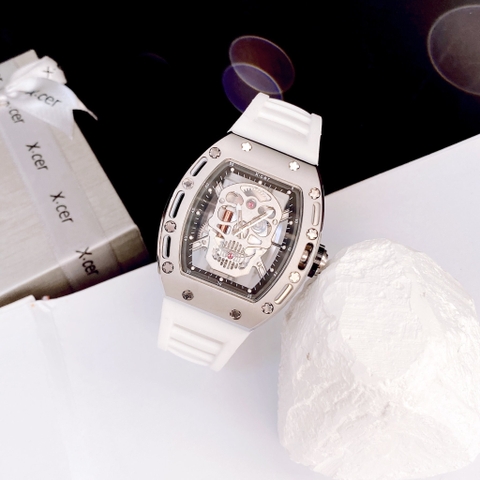 Xcer Mặt Oval |Nam Giới |Hình Đầu Lâu |Silver |Dây Silicone Trắng |Máy Pin (Quartz) |Size 42mm