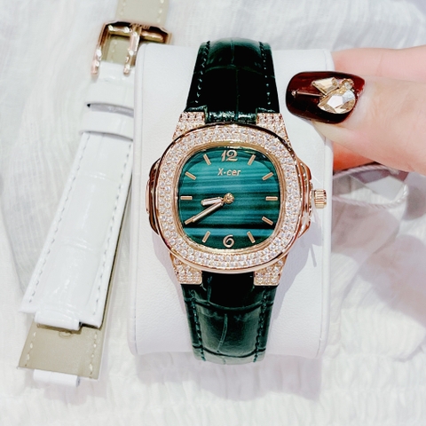 Xcer Mặt Vuông |Nữ Giới |Đính Đá |Rose Gold |Dây Da Xanh Lá |Máy Pin (Quartz) |Size 30mm