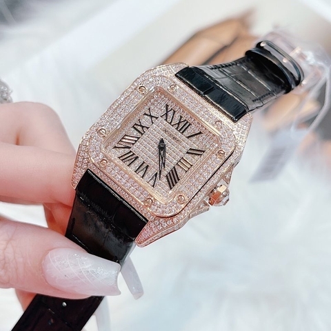 Xcer Mặt Vuông |Nữ Giới |Full Đá |Rose Gold |Dây Da Đen |Máy Pin (Quartz) |Size 36x36mm