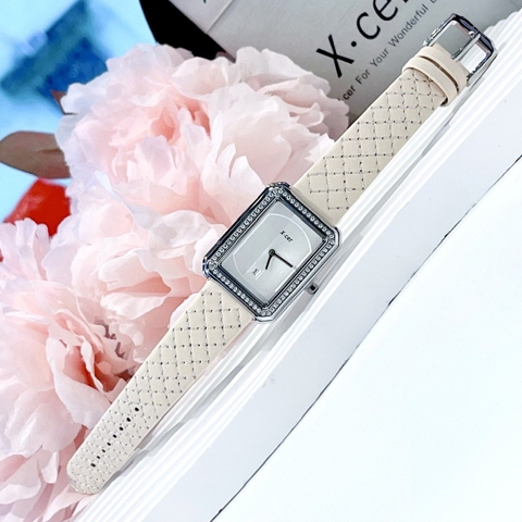Xcer Mặt Vuông |Nữ Giới |Nạm Đá |Silver |Dây Da Trám Kem |Máy Pin (Quartz) |Size 28mm